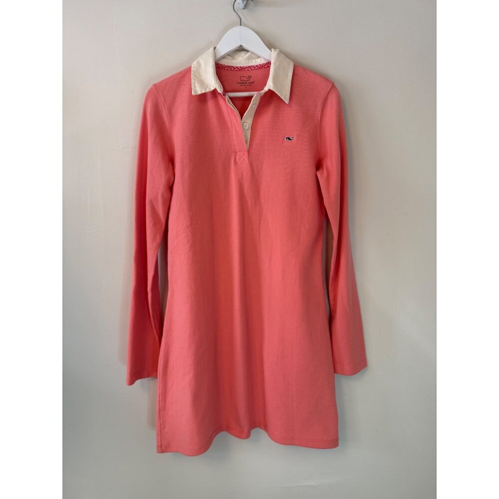 Vineyard Vines Long-Sleeve Polo Dress Coral With White Collar Womens L 100% Cott